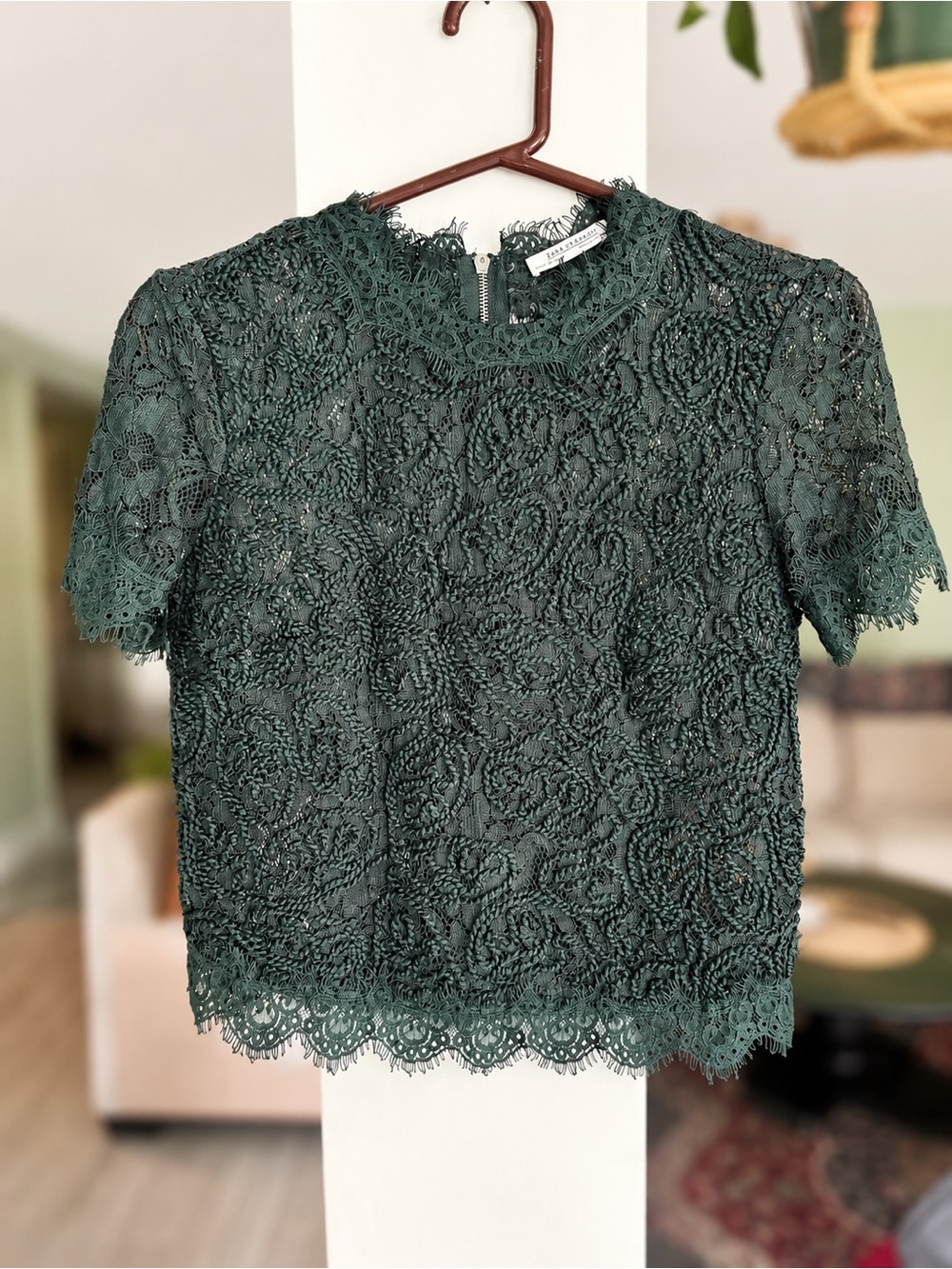Zara Trafaluc Green Lace Sheer Short Sleeve Blouse Top Size Small
